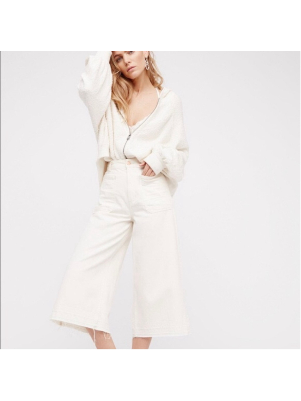FREE PEOPLE Dawn to Dusk Culottes Wide Leg Crop Denim Pant Raw Hem Ecru White 29